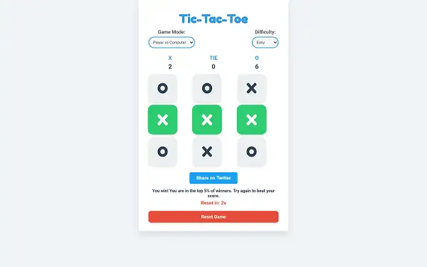 A completed three-in-a-row win in Google Tic-Tac-Toe