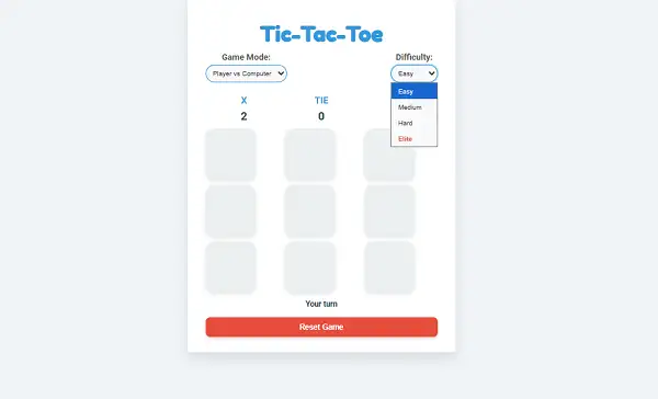 Difficulty selection in Google Tic-Tac-Toe